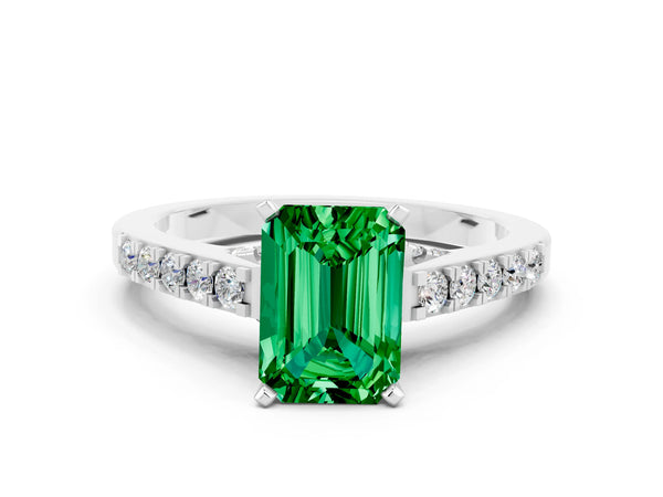 Silver Emerald Cut Emerald Solitaire Ring with Crossover Gallery and Round  Pavé Band