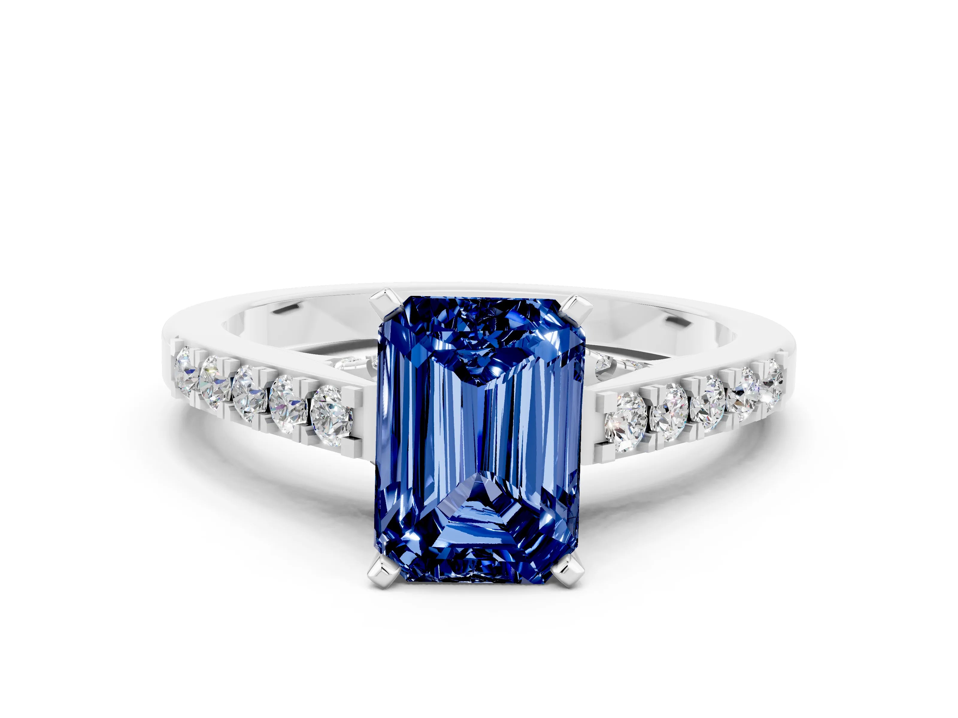 White gold Emerald Cut Diamond Solitaire Ring with Pavé Band and Prong Setting