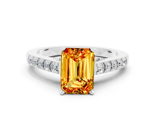 White gold Emerald Cut Citrine Solitaire Ring with Crossover Gallery and Round  Pavé Band