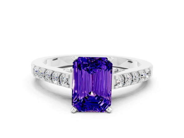 Platinum Emerald Cut Tanzanite Solitaire Ring with Crossover Gallery and Round  Pavé Band