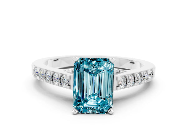 White gold Emerald Cut Blue Topaz Solitaire Ring with Crossover Gallery and Round  Pavé Band