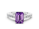 White gold Emerald Cut Diamond Solitaire Ring with Pavé Band and Prong Setting