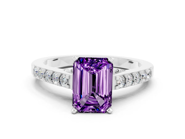 Platinum Emerald Cut Amethyst Solitaire Ring with Crossover Gallery and Round  Pavé Band