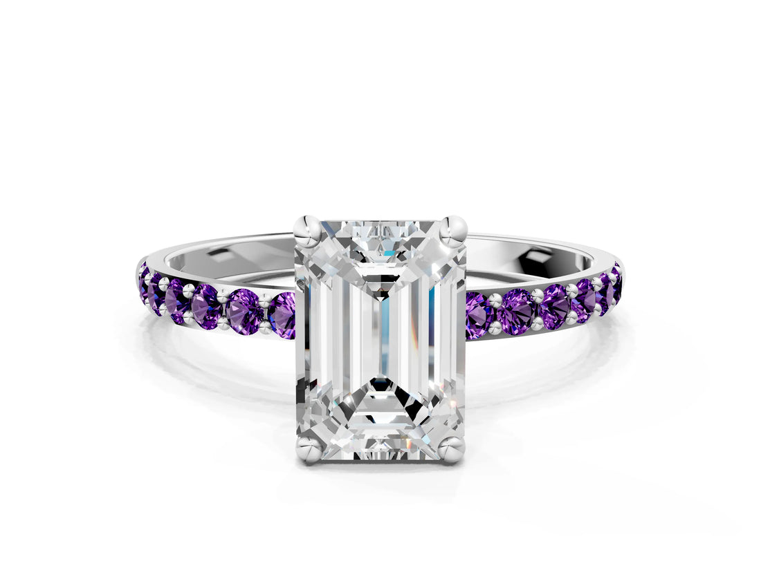 White gold Emerald Cut Diamond Solitaire Ring with Round with Amethyst side stone Pavé Band and Prong Setting_12
