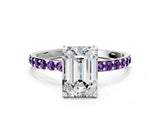 White gold Emerald Cut Diamond Solitaire Ring with Round with Amethyst side stone Pavé Band and Prong Setting_12