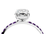 White gold Emerald Cut Diamond Solitaire Ring with Round with Amethyst side stone Pavé Band and Prong Setting_16