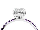 White gold Emerald Cut Diamond Solitaire Ring with Round with Amethyst side stone Pavé Band and Prong Setting_16
