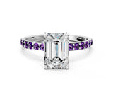 White gold Emerald Cut Diamond Solitaire Ring with Round with Amethyst side stone Pavé Band and Prong Setting_24