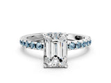 White gold Emerald Cut Diamond Solitaire Ring with Round with Aquamarine side stone Pavé Band and Four-Prong Setting
