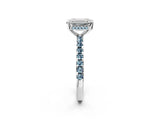 White gold Emerald Cut Diamond Solitaire Ring with Round with Aquamarine side stone Pavé Band and Four-Prong Setting_2