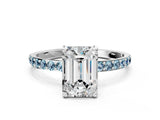 White gold Emerald Cut Diamond Solitaire Ring with Round with Aquamarine side stone Pavé Band and Prong Setting_12