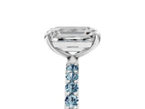 White gold Emerald Cut Diamond Solitaire Ring with Round with Aquamarine side stone Pavé Band and Prong Setting_17