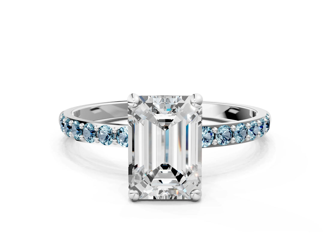 White gold Emerald Cut Diamond Solitaire Ring with Round with Aquamarine side stone Pavé Band and Prong Setting_24