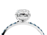 White gold Emerald Cut Diamond Solitaire Ring with Round with Aquamarine side stone Pavé Band and Prong Setting_28