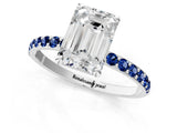 White gold Emerald Cut Diamond Solitaire Ring with Round with Blue Sapphire side stone Pavé Band and Prong Setting_25