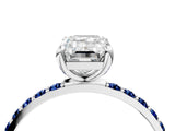 White gold Emerald Cut Diamond Solitaire Ring with Round with Blue Sapphire side stone Pavé Band and Prong Setting_26