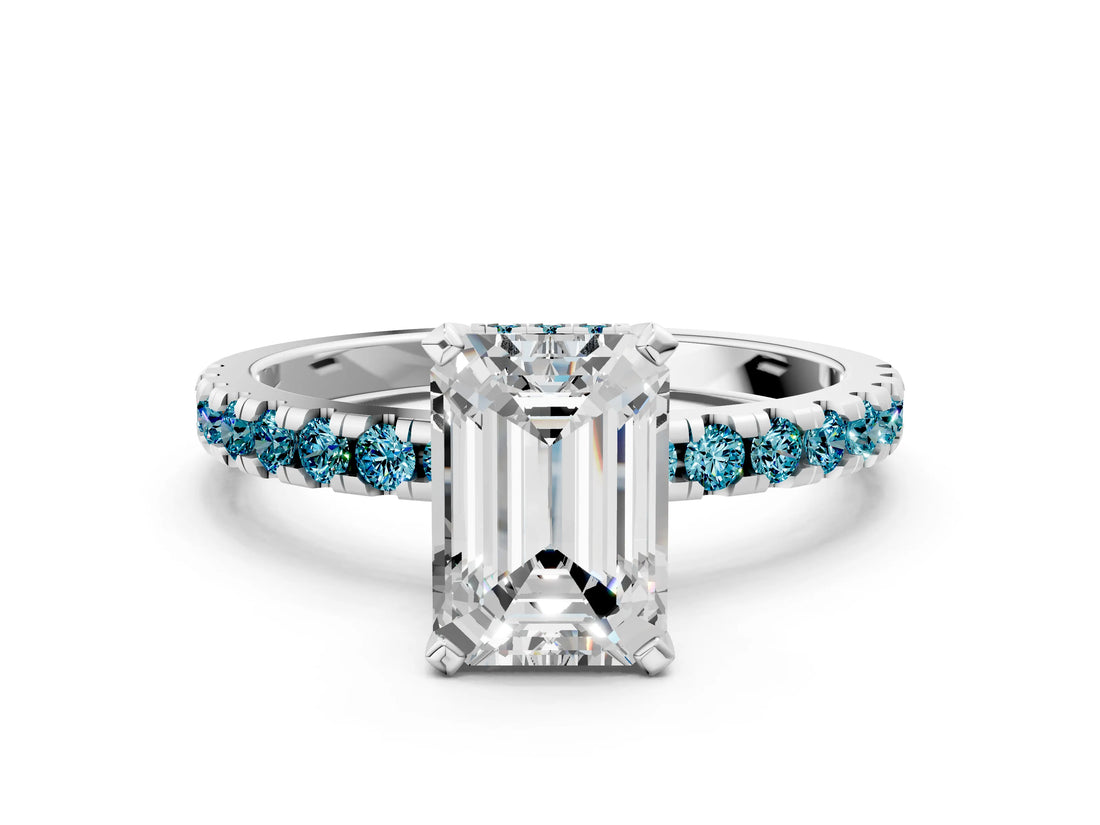 White gold Emerald Cut Diamond Solitaire Ring with Round with Blue Topaz side stone Pavé Band and Four-Prong Setting_12