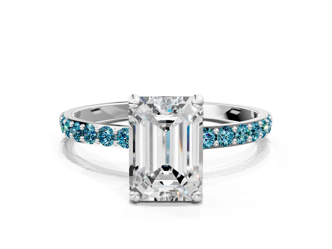 White gold Emerald Cut Diamond Solitaire Ring with Round with Blue Topaz side stone Pavé Band and Prong Setting_12
