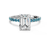 White gold Emerald Cut Diamond Solitaire Ring with Round with Blue Topaz side stone Pavé Band and Prong Setting_12
