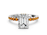 White gold Emerald Cut Diamond Solitaire Ring with Round with Citrine side stone Pavé Band and Four-Prong Setting