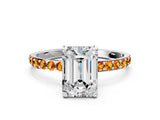 White gold Emerald Cut Diamond Solitaire Ring with Round with Citrine side stone Pavé Band and Prong Setting_12