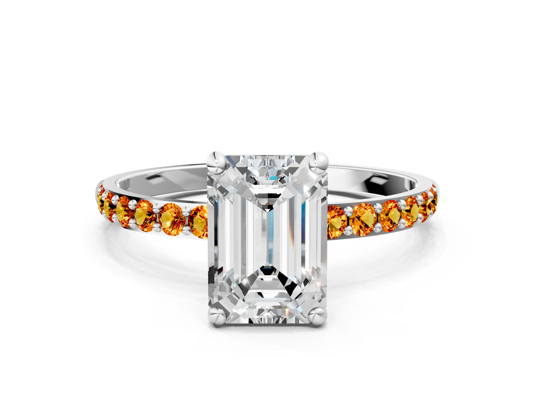 White gold Emerald Cut Diamond Solitaire Ring with Round with Citrine side stone Pavé Band and Prong Setting_12