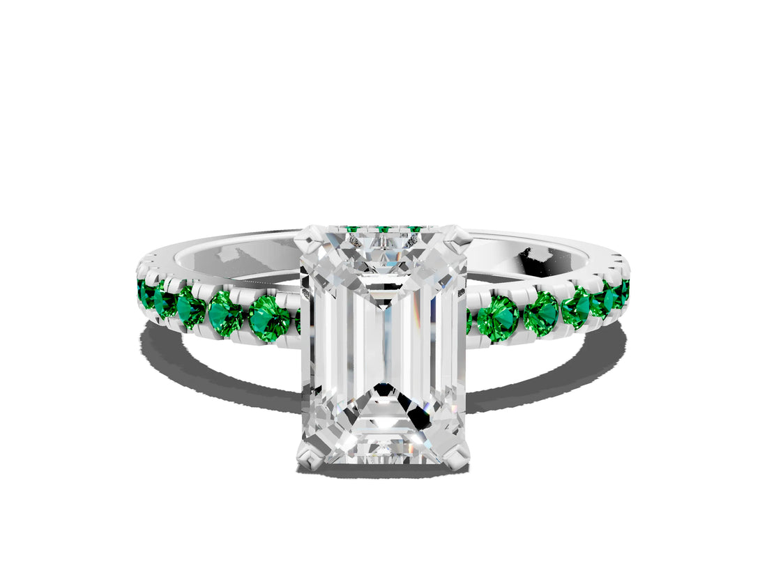 White gold Emerald Cut Diamond Solitaire Ring with Round with Emerald side stone Pavé Band and Four-Prong Setting