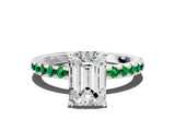 White gold Emerald Cut Diamond Solitaire Ring with Round with Emerald side stone Pavé Band and Four-Prong Setting
