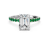 White gold Emerald Cut Diamond Solitaire Ring with Round with Emerald side stone Pavé Band and Prong Setting_12