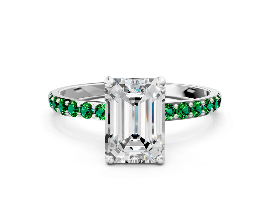 White gold Emerald Cut Diamond Solitaire Ring with Round with Emerald side stone Pavé Band and Prong Setting_12