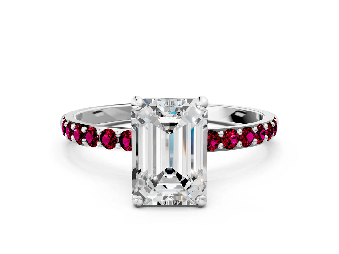 White gold Emerald Cut Diamond Solitaire Ring with Round with Garnet side stone Pavé Band and Prong Setting_36