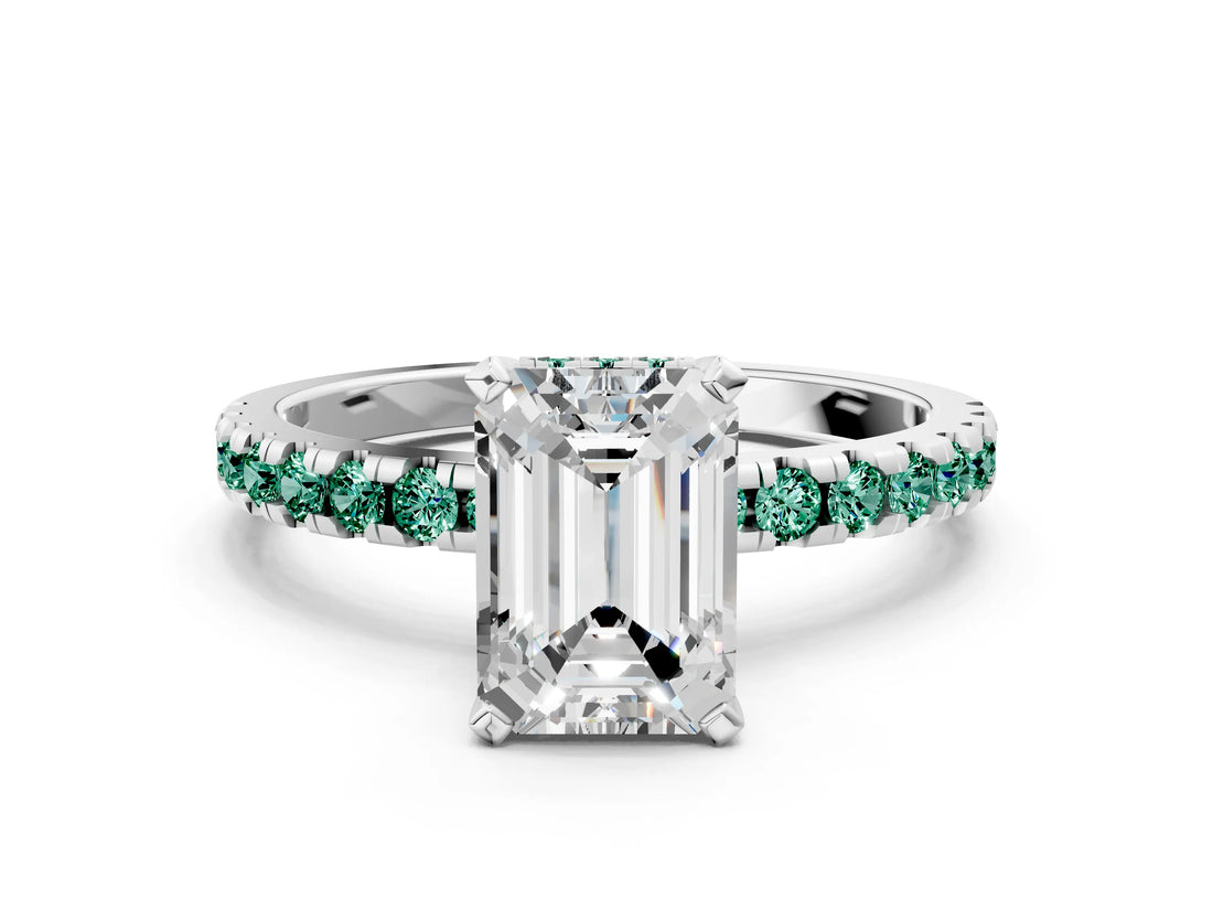 White gold Emerald Cut Diamond Solitaire Ring with Round with Green Sapphire side stone Pavé Band and Four-Prong Setting