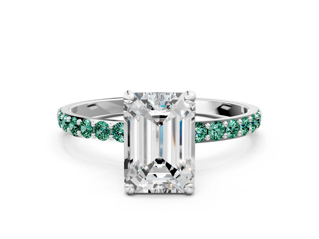 White gold Emerald Cut Diamond Solitaire Ring with Round with Green Sapphire side stone Pavé Band and Prong Setting_24