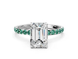 White gold Emerald Cut Diamond Solitaire Ring with Round with Green Sapphire side stone Pavé Band and Prong Setting_24