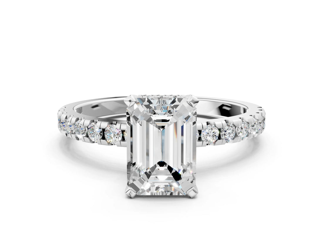 White gold Emerald Cut Diamond Solitaire Ring with Round with Moissanite side stone Pavé Band and Four-Prong Setting_12