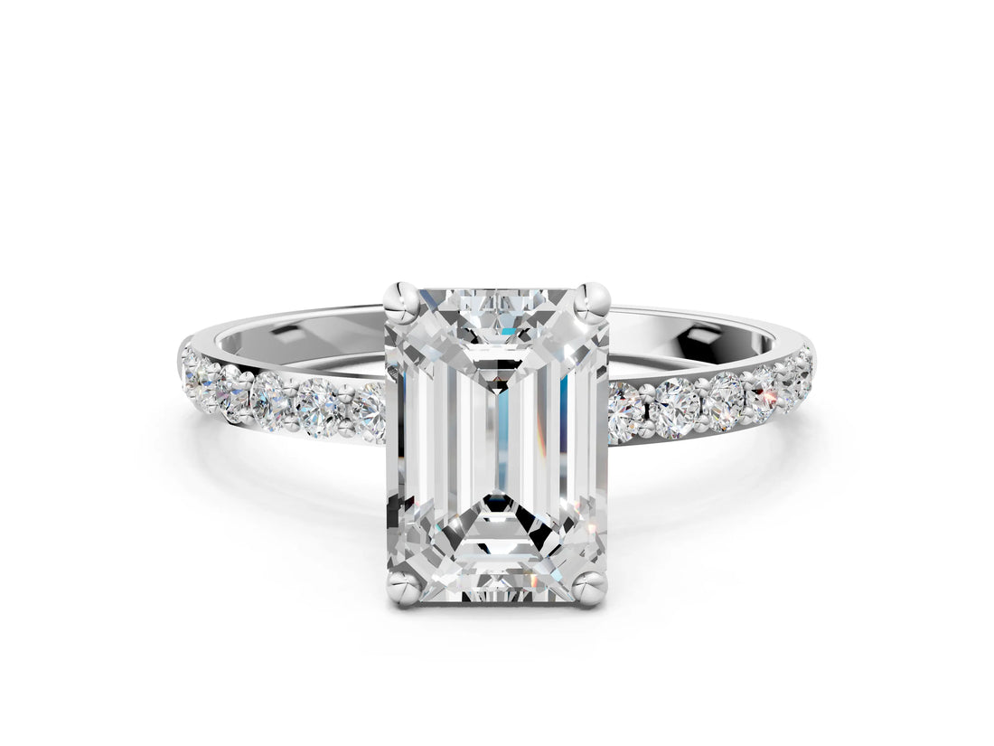 White gold Emerald Cut Diamond Solitaire Ring with Round with Moissanite side stone Pavé Band and Prong Setting