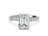 White gold Emerald Cut Diamond Solitaire Ring with Round with Moissanite side stone Pavé Band and Prong Setting