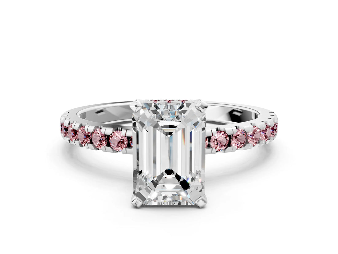 White gold Emerald Cut Diamond Solitaire Ring with Round with Morganite side stone Pavé Band and Four-Prong Setting_12