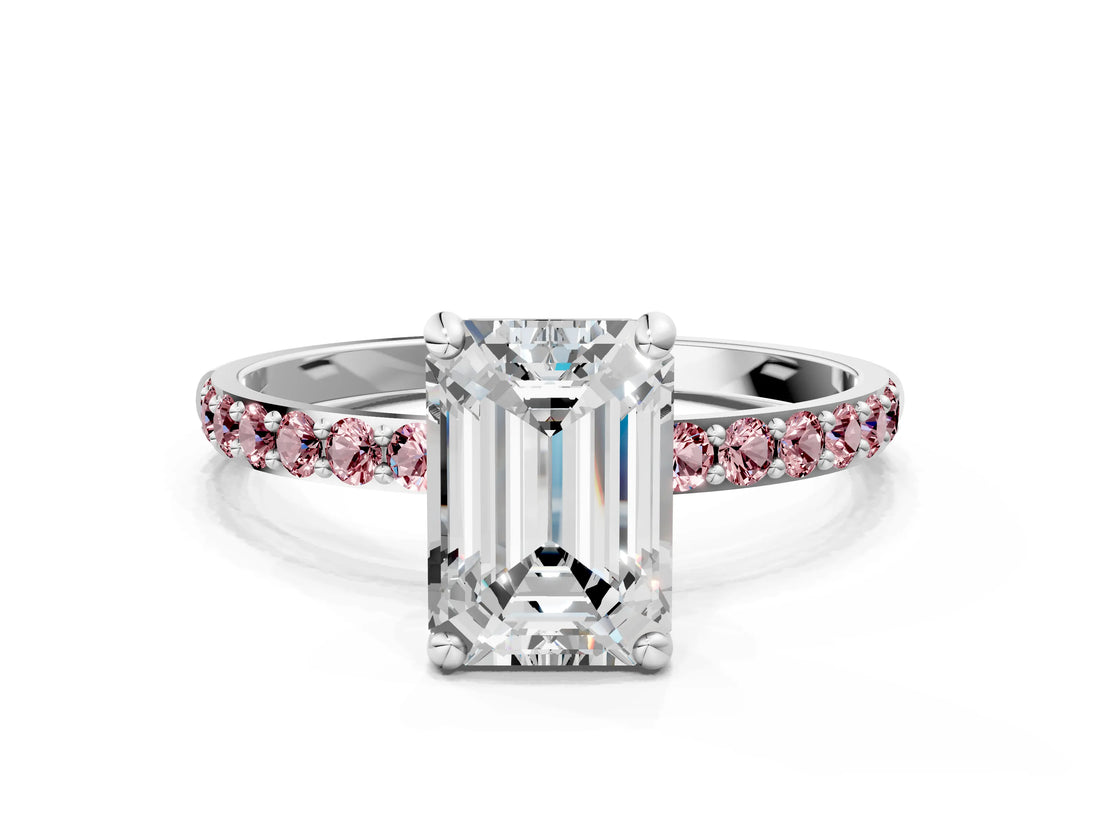 White gold Emerald Cut Diamond Solitaire Ring with Round with Morganite side stone Pavé Band and Prong Setting_12