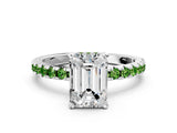 White gold Emerald Cut Diamond Solitaire Ring with Round with Peridot side stone Pavé Band and Four-Prong Setting