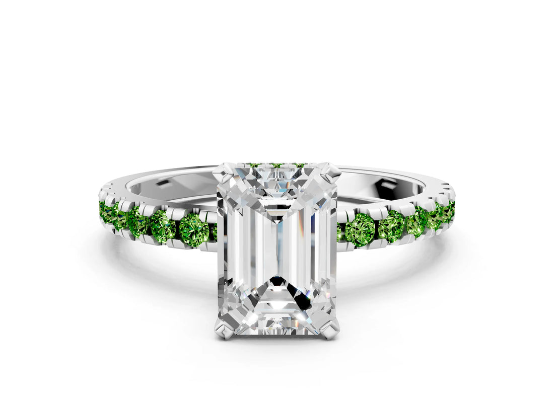 White gold Emerald Cut Diamond Solitaire Ring with Round with Peridot side stone Pavé Band and Four-Prong Setting