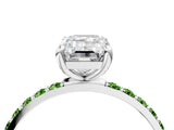 White gold Emerald Cut Diamond Solitaire Ring with Round with Peridot side stone Pavé Band and Prong Setting_16