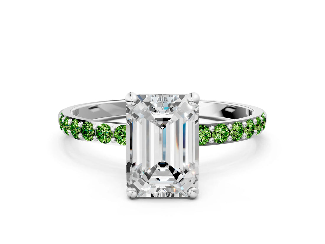 White gold Emerald Cut Diamond Solitaire Ring with Round with Peridot side stone Pavé Band and Prong Setting_22