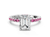 White gold Emerald Cut Diamond Solitaire Ring with Round with Pink Sapphire side stone Pavé Band and Four-Prong Setting_12