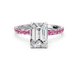 White gold Emerald Cut Diamond Solitaire Ring with Round with Pink Sapphire side stone Pavé Band and Prong Setting_12