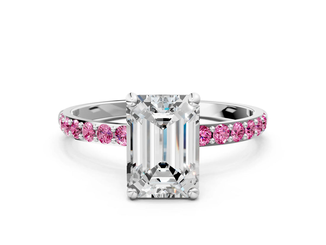 White gold Emerald Cut Diamond Solitaire Ring with Round with Pink Sapphire side stone Pavé Band and Prong Setting_12