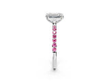 White gold Emerald Cut Diamond Solitaire Ring with Round with Pink Sapphire side stone Pavé Band and Prong Setting_14