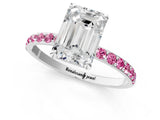 White gold Emerald Cut Diamond Solitaire Ring with Round with Pink Sapphire side stone Pavé Band and Prong Setting_21