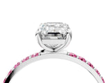 White gold Emerald Cut Diamond Solitaire Ring with Round with Pink Sapphire side stone Pavé Band and Prong Setting_24