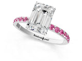 White gold Emerald Cut Diamond Solitaire Ring with Round with Pink Sapphire side stone Pavé Band and Prong Setting_25